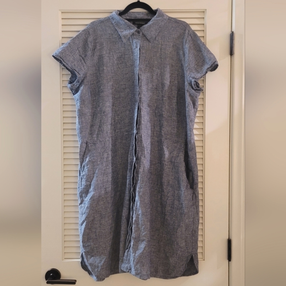 Ashley Stewart - (Plus-Size) Blueish-Grey Button Dress With Pockets & Waist Tie